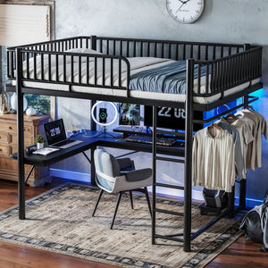 English Elm Queen Metal Loft Bed with Built-in Desk Shelves and Hanging Rod for Small Spaces Black W5305S00072