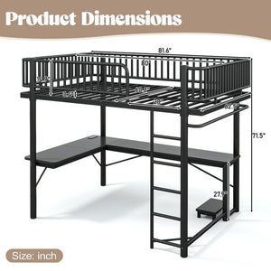 English Elm Queen Metal Loft Bed with Built-in Desk Shelves and Hanging Rod for Small Spaces Black W5305S00072
