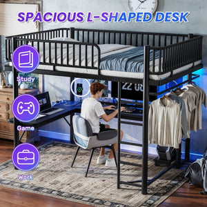 English Elm Queen Metal Loft Bed with Built-in Desk Shelves and Hanging Rod for Small Spaces Black W5305S00072