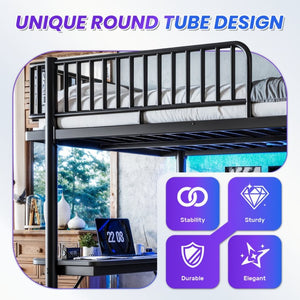 English Elm Queen Metal Loft Bed with Built-in Desk Shelves and Hanging Rod for Small Spaces Black W5305S00072