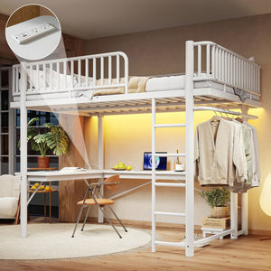 English Elm Queen Metal Loft Bed with Built-in Desk Shelves and Hanging Rod for Small Spaces Light White W5305S00073