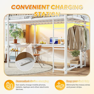 English Elm Queen Metal Loft Bed with Built-in Desk Shelves and Hanging Rod for Small Spaces Light White W5305S00073