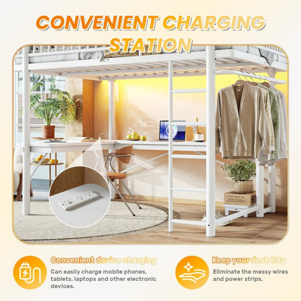 English Elm Queen Metal Loft Bed with Built-in Desk Shelves and Hanging Rod for Small Spaces Light White W5305S00073