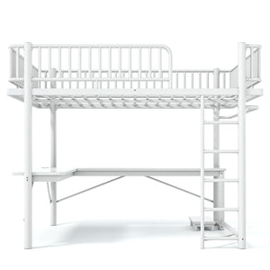 English Elm Queen Metal Loft Bed with Built-in Desk Shelves and Hanging Rod for Small Spaces Light White W5305S00073
