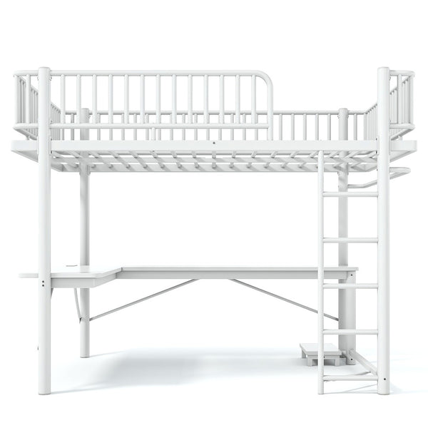 English Elm Queen Metal Loft Bed with Built-in Desk Shelves and Hanging Rod for Small Spaces Light White W5305S00073