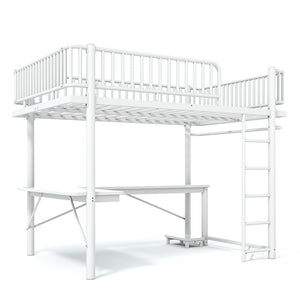 English Elm Queen Metal Loft Bed with Built-in Desk Shelves and Hanging Rod for Small Spaces Light White W5305S00073