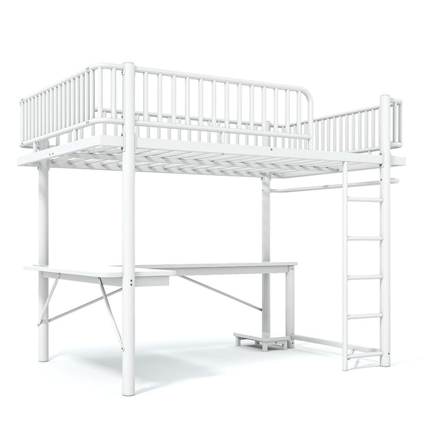 English Elm Queen Metal Loft Bed with Built-in Desk Shelves and Hanging Rod for Small Spaces Light White W5305S00073