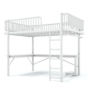 English Elm Queen Metal Loft Bed with Built-in Desk Shelves and Hanging Rod for Small Spaces Light White W5305S00073