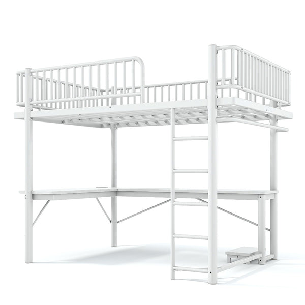 English Elm Queen Metal Loft Bed with Built-in Desk Shelves and Hanging Rod for Small Spaces Light White W5305S00073