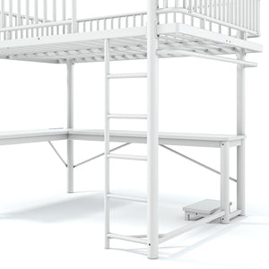 English Elm Queen Metal Loft Bed with Built-in Desk Shelves and Hanging Rod for Small Spaces Light White W5305S00073
