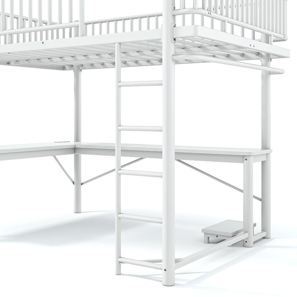 English Elm Queen Metal Loft Bed with Built-in Desk Shelves and Hanging Rod for Small Spaces Light White W5305S00073