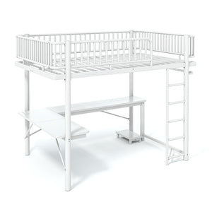 English Elm Queen Metal Loft Bed with Built-in Desk Shelves and Hanging Rod for Small Spaces Light White W5305S00073