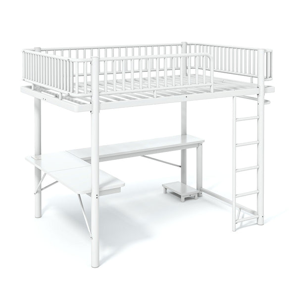 English Elm Queen Metal Loft Bed with Built-in Desk Shelves and Hanging Rod for Small Spaces Light White W5305S00073