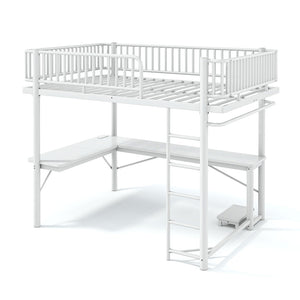 English Elm Queen Metal Loft Bed with Built-in Desk Shelves and Hanging Rod for Small Spaces Light White W5305S00073