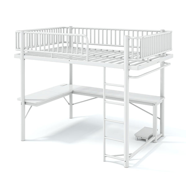 English Elm Queen Metal Loft Bed with Built-in Desk Shelves and Hanging Rod for Small Spaces Light White W5305S00073