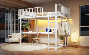 English Elm Queen Metal Loft Bed with Built-in Desk Shelves and Hanging Rod for Small Spaces Light White W5305S00073