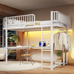 English Elm Queen Metal Loft Bed with Built-in Desk Shelves and Hanging Rod for Small Spaces Light White W5305S00073