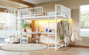 English Elm Queen Metal Loft Bed with Built-in Desk Shelves and Hanging Rod for Small Spaces Light White W5305S00073
