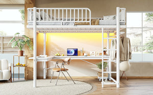 English Elm Queen Metal Loft Bed with Built-in Desk Shelves and Hanging Rod for Small Spaces Light White W5305S00073