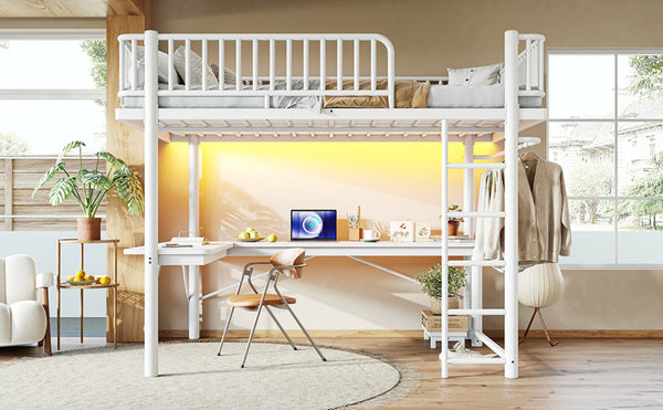 English Elm Queen Metal Loft Bed with Built-in Desk Shelves and Hanging Rod for Small Spaces Light White W5305S00073