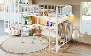 English Elm Queen Metal Loft Bed with Built-in Desk Shelves and Hanging Rod for Small Spaces Light White W5305S00073
