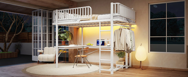 English Elm Queen Metal Loft Bed with Built-in Desk Shelves and Hanging Rod for Small Spaces Light White W5305S00073