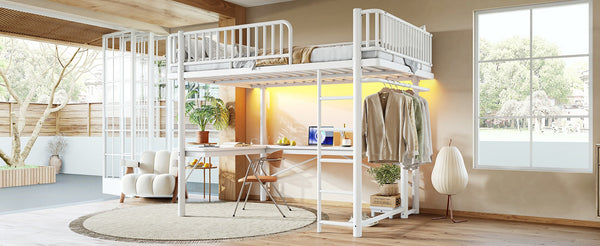 English Elm Queen Metal Loft Bed with Built-in Desk Shelves and Hanging Rod for Small Spaces Light White W5305S00073