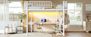 English Elm Queen Metal Loft Bed with Built-in Desk Shelves and Hanging Rod for Small Spaces Light White W5305S00073