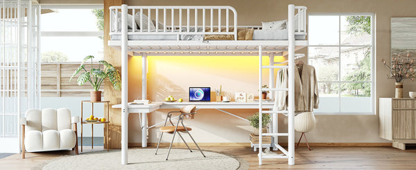 English Elm Queen Metal Loft Bed with Built-in Desk Shelves and Hanging Rod for Small Spaces Light White W5305S00073