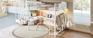 English Elm Queen Metal Loft Bed with Built-in Desk Shelves and Hanging Rod for Small Spaces Light White W5305S00073