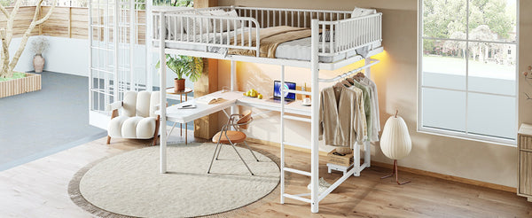 English Elm Queen Metal Loft Bed with Built-in Desk Shelves and Hanging Rod for Small Spaces Light White W5305S00073