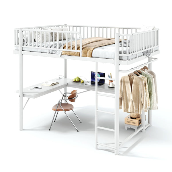 English Elm Queen Metal Loft Bed with Built-in Desk Shelves and Hanging Rod for Small Spaces Light White W5305S00073