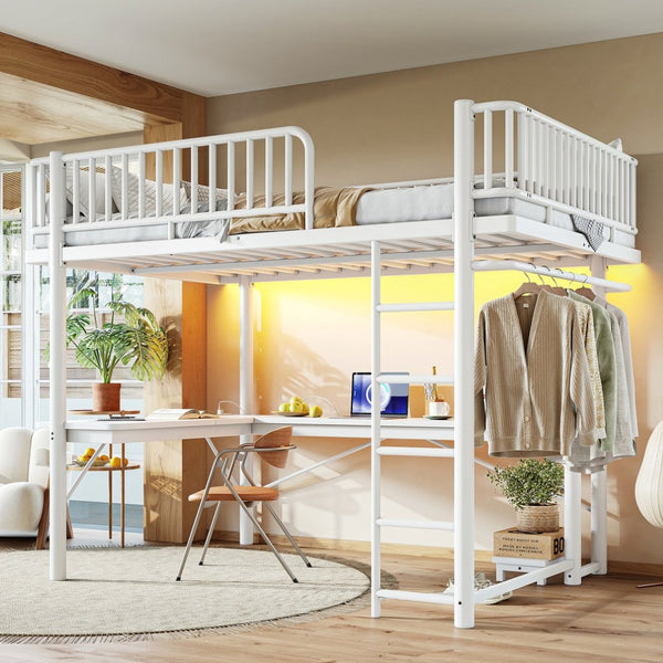 English Elm Queen Metal Loft Bed with Built-in Desk Shelves and Hanging Rod for Small Spaces Light White W5305S00073