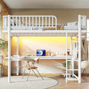 English Elm Queen Metal Loft Bed with Built-in Desk Shelves and Hanging Rod for Small Spaces Light White W5305S00073