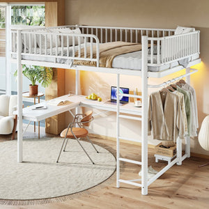 English Elm Queen Metal Loft Bed with Built-in Desk Shelves and Hanging Rod for Small Spaces Light White W5305S00073