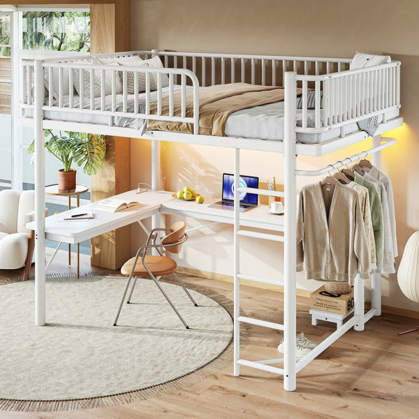 English Elm Queen Metal Loft Bed with Built-in Desk Shelves and Hanging Rod for Small Spaces Light White W5305S00073