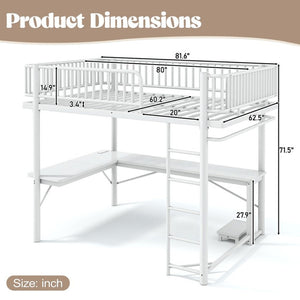 English Elm Queen Metal Loft Bed with Built-in Desk Shelves and Hanging Rod for Small Spaces Light White W5305S00073