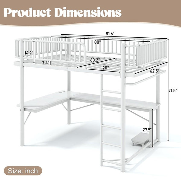 English Elm Queen Metal Loft Bed with Built-in Desk Shelves and Hanging Rod for Small Spaces Light White W5305S00073