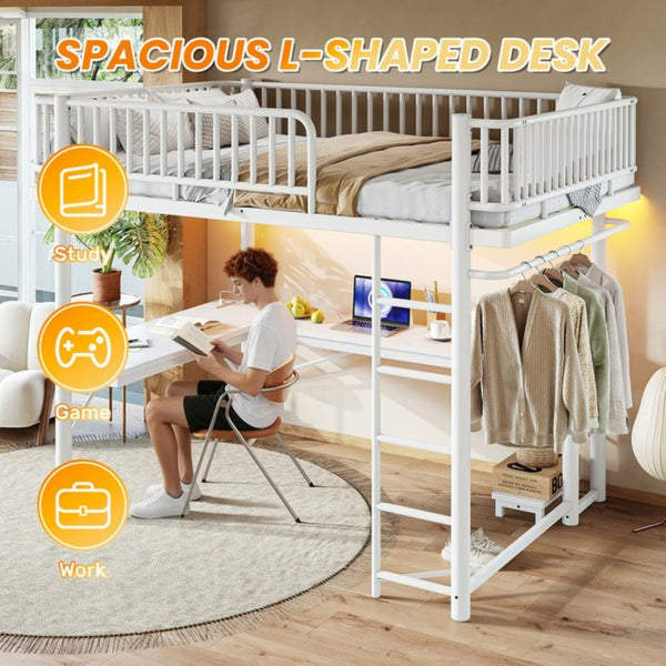 English Elm Queen Metal Loft Bed with Built-in Desk Shelves and Hanging Rod for Small Spaces Light White W5305S00073