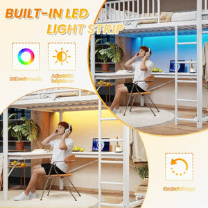 English Elm Queen Metal Loft Bed with Built-in Desk Shelves and Hanging Rod for Small Spaces Light White W5305S00073