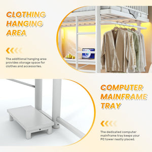 English Elm Queen Metal Loft Bed with Built-in Desk Shelves and Hanging Rod for Small Spaces Light White W5305S00073