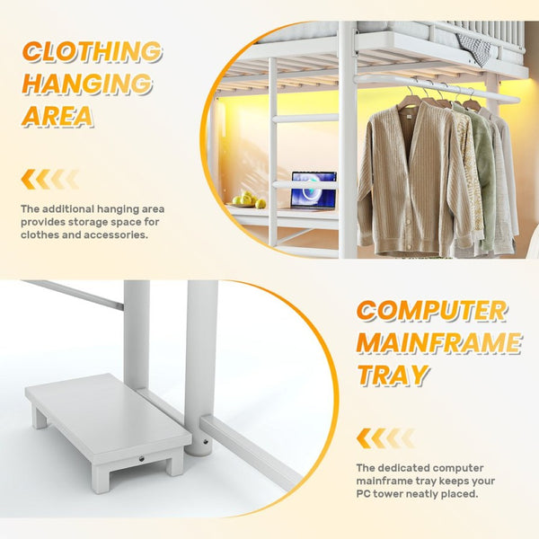English Elm Queen Metal Loft Bed with Built-in Desk Shelves and Hanging Rod for Small Spaces Light White W5305S00073