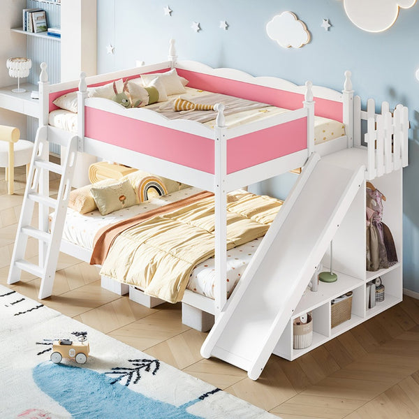 English Elm Full Over Bunk Bed Pine Wood Frame with Slide Built in Shelves Low Profile Kids Design Pink and White W5305S00082