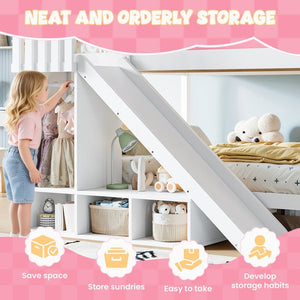 English Elm Full Over Bunk Bed Pine Wood Frame with Slide Built in Shelves Low Profile Kids Design Pink and White W5305S00082