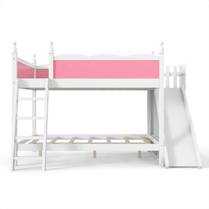 English Elm Full Over Bunk Bed Pine Wood Frame with Slide Built in Shelves Low Profile Kids Design Pink and White W5305S00082