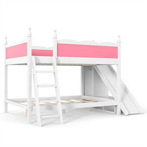 English Elm Full Over Bunk Bed Pine Wood Frame with Slide Built in Shelves Low Profile Kids Design Pink and White W5305S00082