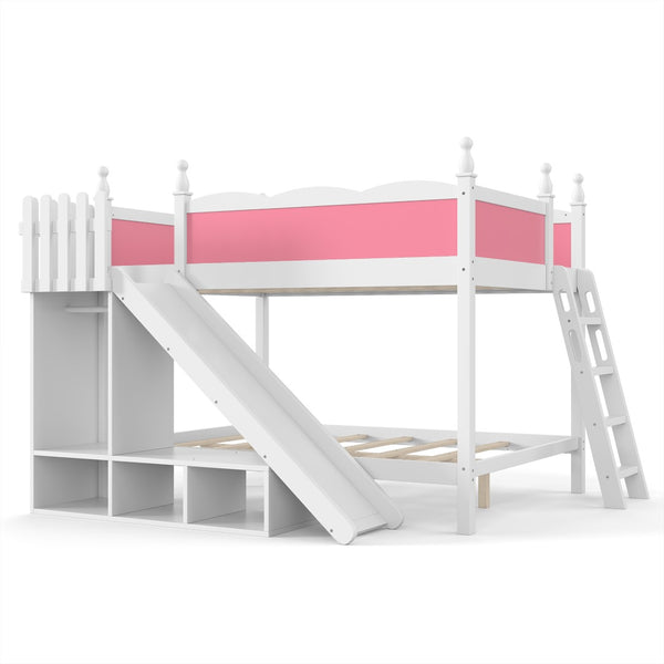 English Elm Full Over Bunk Bed Pine Wood Frame with Slide Built in Shelves Low Profile Kids Design Pink and White W5305S00082