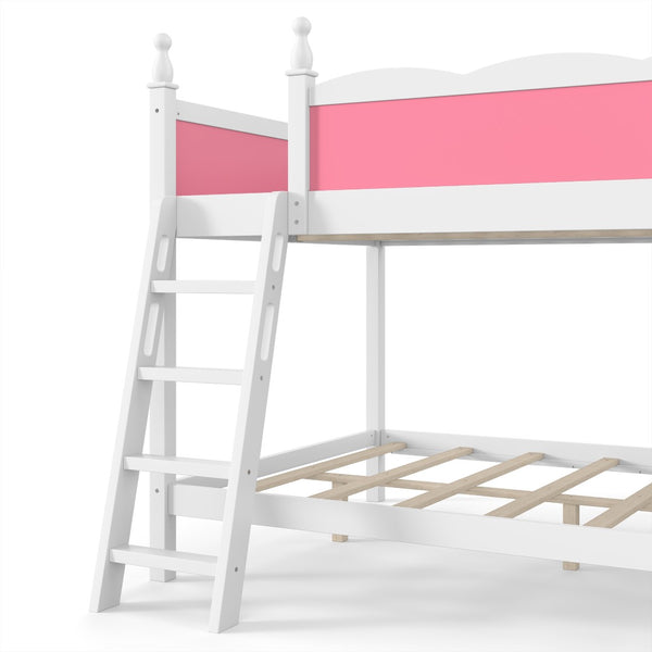 English Elm Full Over Bunk Bed Pine Wood Frame with Slide Built in Shelves Low Profile Kids Design Pink and White W5305S00082