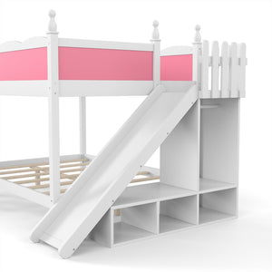 English Elm Full Over Bunk Bed Pine Wood Frame with Slide Built in Shelves Low Profile Kids Design Pink and White W5305S00082