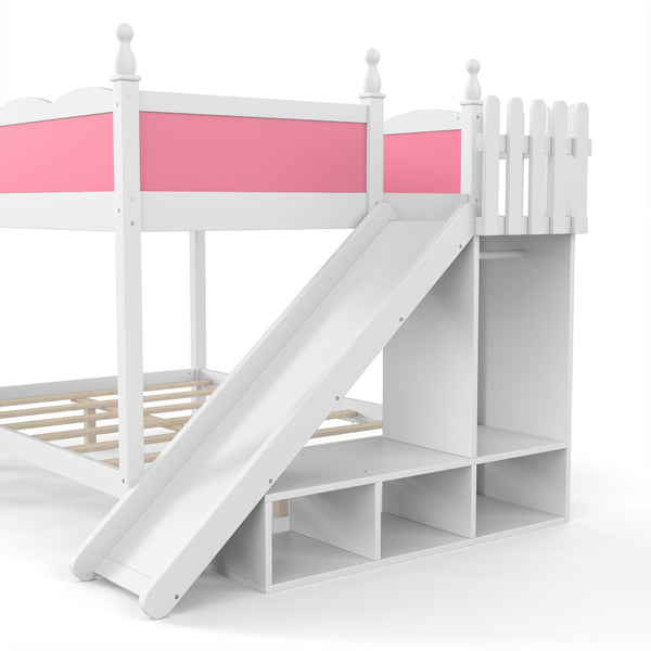 English Elm Full Over Bunk Bed Pine Wood Frame with Slide Built in Shelves Low Profile Kids Design Pink and White W5305S00082